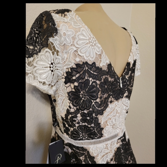 🆕️Adrianna Papell black & ivory stripe lace sheath dress 14 - Picture 4 of 10